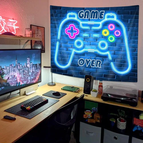 MERCHR Tapiz de juego de neón, tapiz azul fresco con luz negra para colgar en la pared para hombres y niños, sala de videojuegos, retro de los años