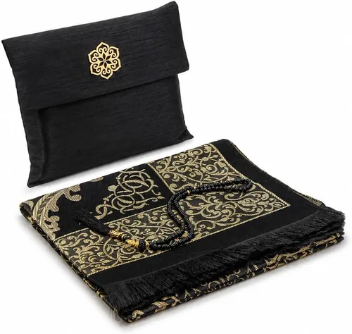 ihvan online Alfombra de oración musulmana con 99 cuentas Tasbih y bolsa de viaje, tafetán suave sajadah, ligero y plegable, tapete de oración Negro