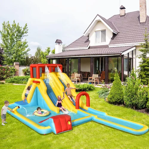Miniatura 7 de HONEY JOY Tobogán acuático inflable, doble tobogán gigante con parque acuático con escalada, piscina de salpicaduras, toboganes acuáticos inflables