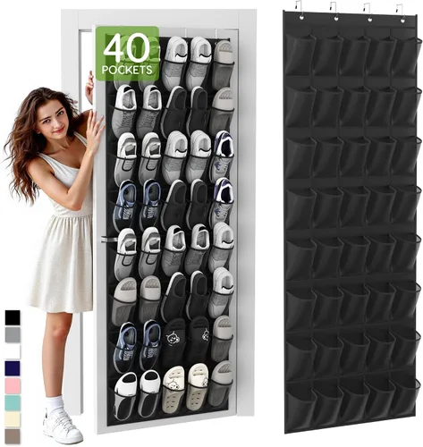 Miniatura 10 de Organizador de zapatos colgante sobre la puerta con 40 bolsillos grandes de malla transpirable, soporte de zapatos que ahorra espacio, estante