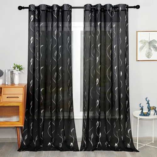 Miniatura 10 de Youleyar - 2 paneles de cortinas de gasa con estampado de lámina dorada, con ojales en la parte superior, para ventana, de 63 pulgadas de largo