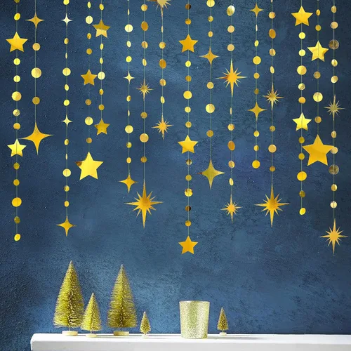 Miniatura 3 de Guirnalda de papel dorada para decoración de fiesta con estrellas, círculos y puntos, papel brillante, banderines, serpentinas metálicas