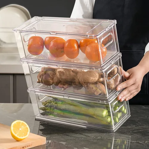 Miniatura 3 de Paquete de 7 organizadores transparentes para cajones de nevera, contenedores extraíbles apilables con asa para organización de gabinetes de cocina