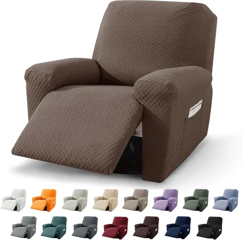 Miniatura 30 de YEMYHOM Funda elástica de 4 piezas para silla reclinable de jacquard con bolsillo lateral, antideslizante, ajustable, protector de muebles con parte