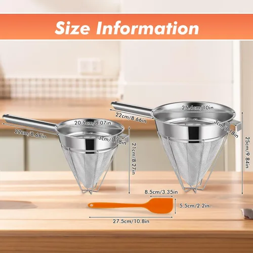 Miniatura 2 de Nuogo Juego de 2 coladores chinos de acero inoxidable de malla fina de metal para caldo de alimentos, colador de malla fina con mango y espátula
