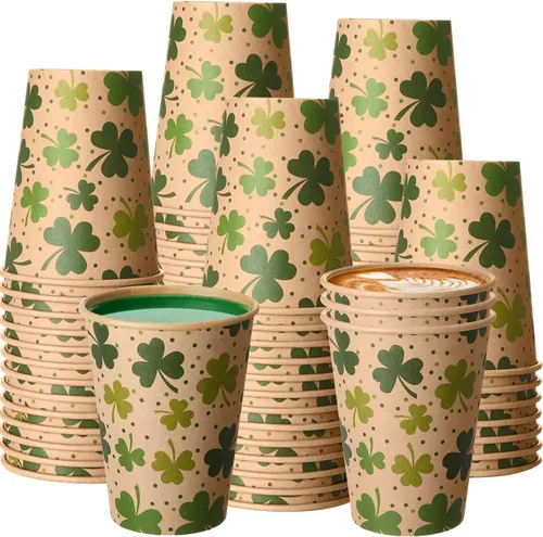 Jingmore 50 tazas de café de papel kraft de trébol del día de San Patricio, 12 onzas, desechables de trébol verde irlandés, vasos desechables para
