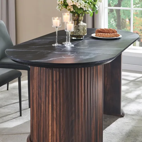Miniatura 5 de T4TREAM Mesa de comedor ovalada acanalada de 63 pulgadas para 4-6, mesa de cocina moderna de mediados de siglo con borde grueso y base