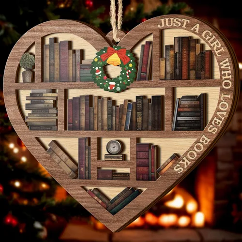 V VIBEPY Impreso en toda la superficie, adornos para amantes de los libros, adorno de libro de Navidad de corazón de estantería de 3.2 x 3.5