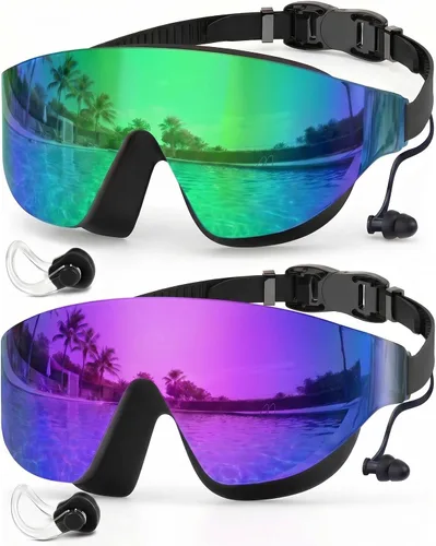 Zoomsnail Swim Goggles 2 Pack, Rimless Wide View Swimming Goggles for Adult, Anti-Fog UV Leaking Pool Goggles for Men Women Verde y Púrpura