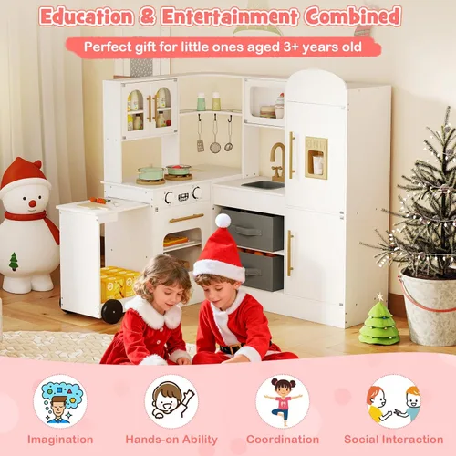 Miniatura 6 de HONEY JOY Cocina de Juego de Esquina con Carrito Rodante, Juego de Cocina de Juguete de Madera de Simulación con Luces, Máquina de Hielo, Estufas