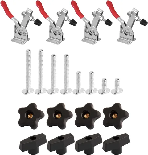 POWERTEC Kit de abrazadera de palanca y perilla de pista en T, herramientas de carpintería para pista en T, 4 unidades, capacidad de sujeción de 300