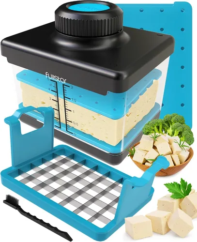 Fullstar Prensa y cortador de tofu 2 en 1, apto para lavavajillas, sin BPA, caja de prensa para tofu extra firme y sedoso (azul)