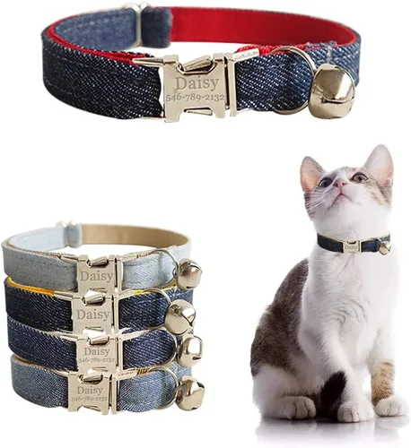 Miniatura 11 de Collar de gato personalizado con placa de nombre, collares ajustables de nailon resistente para identificación de gato con campana, personaliza