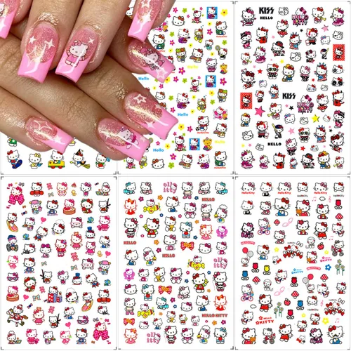 6 hojas de calcomanías de arte de uñas, autoadhesivas, suministros de arte de uñas, calcomanías kawaii para uñas, diseños de uñas de gato, dijes de