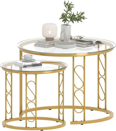 Miniatura 10 de Garden 4 you Mesa de Centro Anidable, Juego de Mesa de Centro Redonda de 23.6", Juego de 2 Mesas Anidables de Madera con Marco de Metal, Mesas