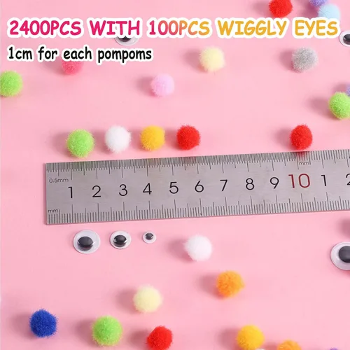 Miniatura 3 de Caydo 2400 pompones de 0.39 pulgadas, bolas de pompones pequeñas multicolor con 100 ojos ondulados para niños, proyectos de manualidades