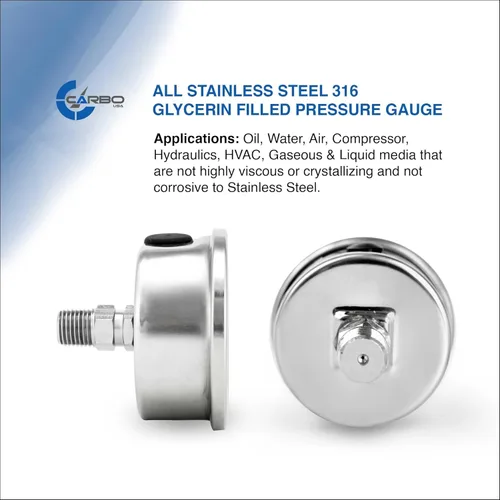 Miniatura 4 de Medidor de presión relleno de líquido de 300 PSI, dial de 2.5 pulgadas, montaje trasero 1/4 NPT, estuche 316 SS, 316 piezas mojadas SS, PSI/barra