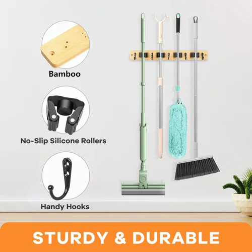 Miniatura 3 de IMILLET - Soporte de pared para fregona y escoba, colgador de bambú con 4 estantes y 5 ganchos, decoración para la lavandería, organizador