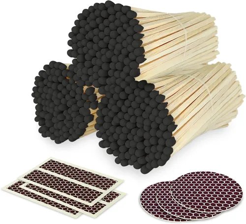 Cerillas negras de 4 pulgadas + calcomanías de golpeador incluidas | 300 coincidencias decorativas de seguridad de punta negra | Cerillas largas de