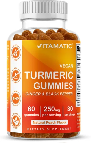 Vitamatic Gomitas de cúrcuma con extracto de jengibre y pimienta negra – 60 gomitas veganas 95% curcuminoides – Potente apoyo antioxidante e