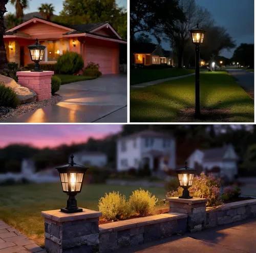 Miniatura 7 de Lámpara solar de poste de luz de aluminio fundido, impermeable, luces de pilar LED con vidrio para exteriores del atardecer al amanecer, luz solar
