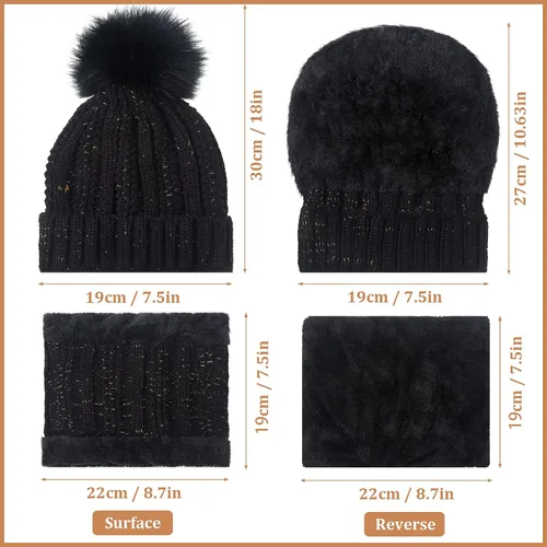 Miniatura 2 de 8 piezas de gorro de invierno cálido con pompón para mujer, gorro de punto calavera, calentadores de cuello, bufandas, guantes de punto