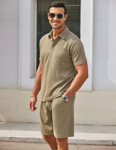 Miniatura 40 de COOFANDY Conjunto de camisa polo y pantalones cortos de punto gofre para hombre, conjunto de 2 piezas, traje de verano casual con bolsillos
