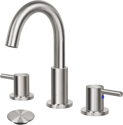 Miniatura 21 de SOKA Grifo de baño central de dos asas para fregadero de acero inoxidable de arco alto con placa de cubierta y montaje de drenaje desplegable