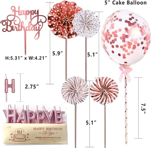 Miniatura 2 de Decoración de pastel de oro rosa con velas de feliz cumpleaños, decoración de pastel de cumpleaños acrílico, globo de confeti y abanicos de papel