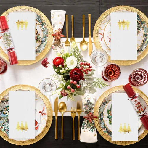 Miniatura 5 de Horaldaily 100 servilletas decorativas desechables de papel de Navidad para invitados, toalla de mano con árboles de Navidad en lámina dorada