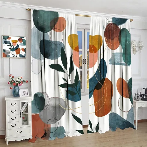 Miniatura 4 de Cortinas opacas de arte abstracto de mediados de siglo para dormitorio, cortinas modernas de estilo bohemio con hojas geométricas florales, cortinas
