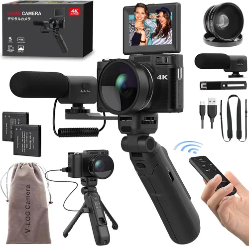 Cámara Digital 4K con Kit de Accesorios para Creador, Cámara de Vlogging de 48MP con Control Remoto para Vloggers, Enfoque Automático, Pantalla