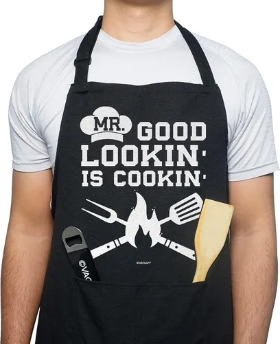 VAGAVY 100% Algodón, Delantales Negros Divertidos para Hombres, Papá, Esposo - Cumpleaños, Día del Padre, Regalos de Parrilla para Papá, Esposo. Mr