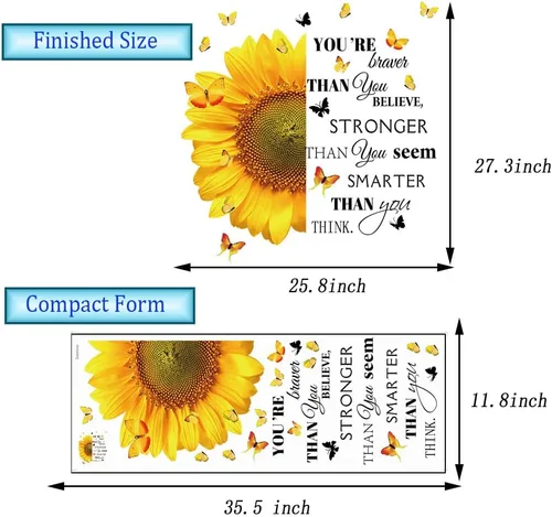 Calcomanías de pared inspiradoras de girasol, gran frase motivacional, diseño de girasol, decoración para el hogar, dormitorio, "You're Braver