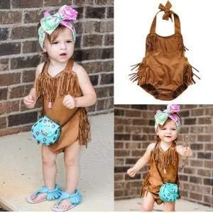 Miniatura 6 de Styles I Love Bebé Niña Verano Halter Fringe Ante Marrón Sunsuit Mameluco