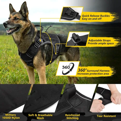 Miniatura 4 de WINGOIN Arnés táctico negro para perros grandes, arnés resistente sin tirones con asa, ajustable, reflectante, militar, K9, pastor alemán, chaleco