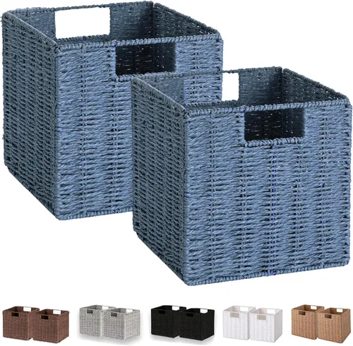 Miniatura 14 de VAGUSICC - Canastas de almacenamiento tejidas a mano, juego de 2, con asas, plegables, tipo cubo, de 13 pulgadas, grandes, de mimbre, para estantes