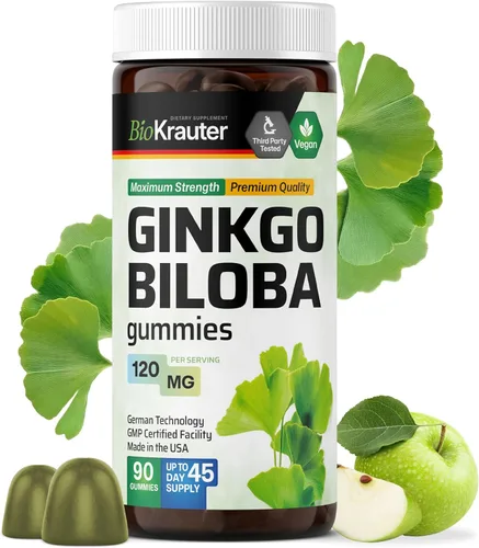 BIO KRAUTER® Ginkgo Biloba para apoyo cerebral - Suplemento vegano de ginkgo biloba para calma, concentración y memoria - 90 gomitas de ginkgo