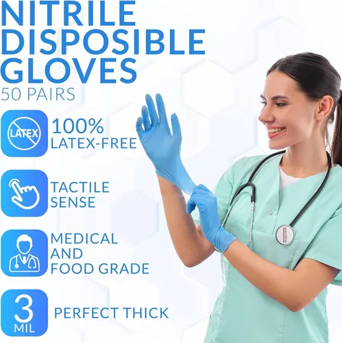 Miniatura 3 de [100 guantes de nitrilo – Examen desechable sin polvo ni látex – Grado médico y alimenticio – 3 mil – sensible al tacto