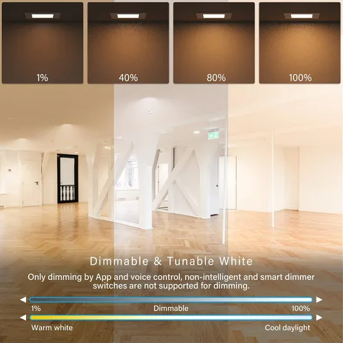 Miniatura 3 de Luz LED inteligente empotrada delgada de 6 pulgadas, cuadrada, aplicación WiFi y control de voz, 120 V, 13 W, 1000 LM, RGB + 2700K-6000K