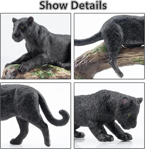 Miniatura 4 de Toymany 7 Piezas Figuras de Panteras Negras con Cachorro de Pantera y Tronco de Árbol, Figuras Realistas de Animales de la Selva Juego Familiar