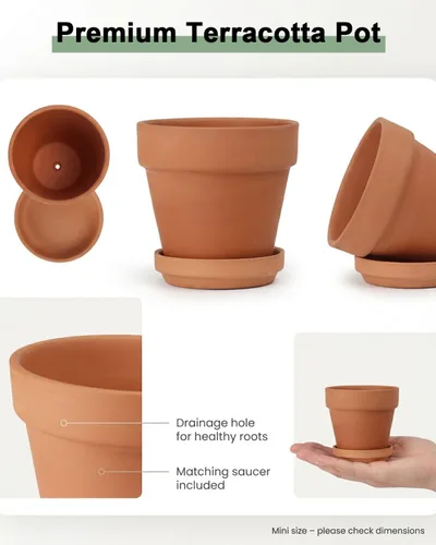 Miniatura 2 de Riseuvo Macetas de terracota de 3 pulgadas con platillo, paquete de 12 macetas de arcilla con drenaje, ideales para plantas, manualidades, recuerdos