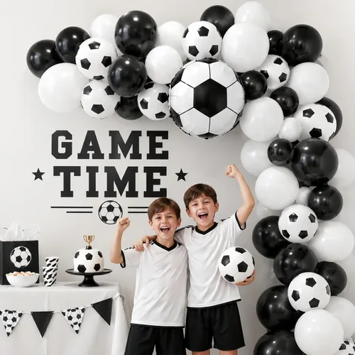 Miniatura 4 de Globos de fútbol, globos de látex blanco y negro de 12 pulgadas con balón de fútbol de 22 pulgadas, globo de aluminio 4D para niños, decoración