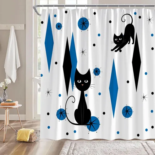 Miniatura 3 de GCTNBJL Mid Century Shower Curtain Black Cat Atomic Stars Modern Abstract Blue Black Geometric Iconic Retro 1950s 1960s Vintage 36x70(WxH) Inches