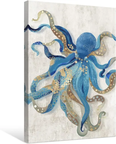 Miniatura 2 de Arte de Lienzo de Pulpo para Pared Pintura Temática de Vida Oceánica Imagen de Animal Marino Azul y Dorado Obra de Arte Costera Imagen de Pulpo