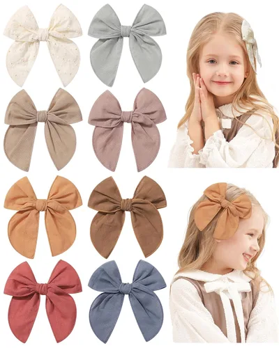 Miniatura 10 de 20 Lazos para el Cabello de Niñas Bebé Fable de 5.5 Pulgadas, Pinzas de Cocodrilo de Algodón y Lino, Accesorios Grandes Neutros Hechos a Mano