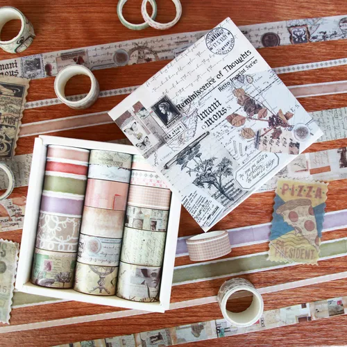Miniatura 6 de Juego de 20 rollos de cinta washi vintage y 30 calcomanías antiguas para pósteres de periódico, cinta adhesiva estética para suministros de álbumes