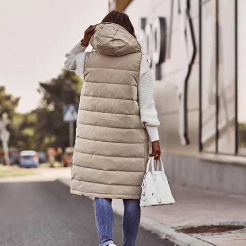 Miniatura 22 de Chaleco largo para mujer, sin mangas, acolchado, con cremallera, capucha, abrigo de invierno cálido, ligero, con bolsillos