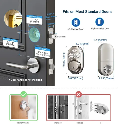 Miniatura 10 de Veise Cerradura de puerta de entrada sin llave, cerrojo de teclado electrónico, entrada con llave, cerradura automática, contraseña antimirada