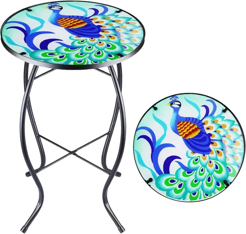 Miniatura 9 de Arbuxzuy Mesa auxiliar pequeña de 12 pulgadas para exteriores con mosaico azul-blanco, mesa de patio con mosaico de vidrio para interiores, mesa